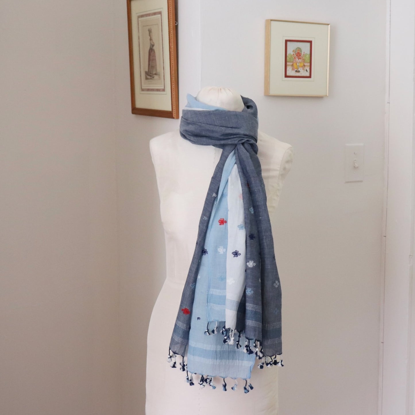 indigo blue and white striped handwoven jamdani cotton scarf