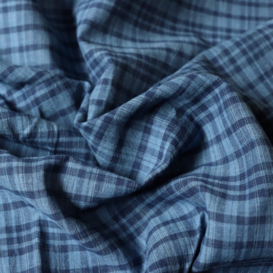very soft indigo blue dyed cotton check fabric handwoven in India 