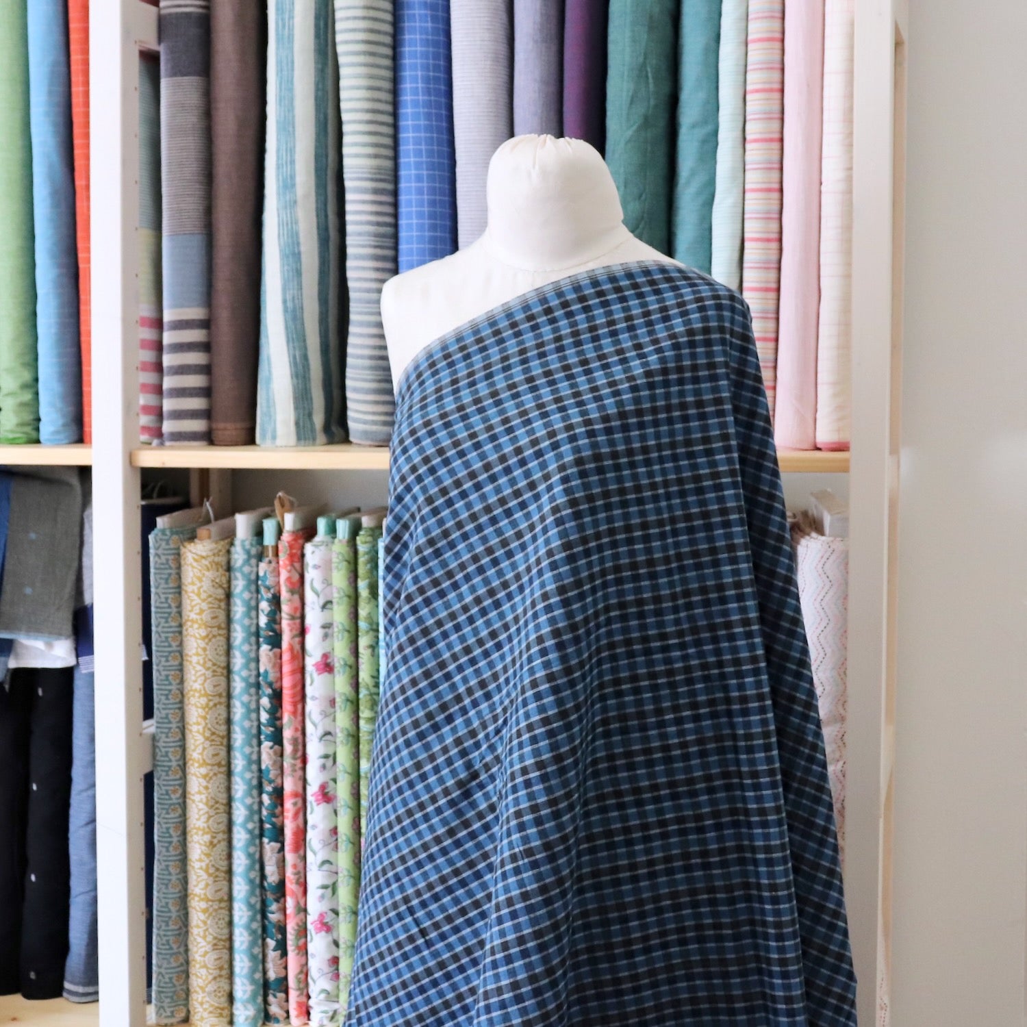 nautral indigo blue checked cotton fabric handwoven striped shirting