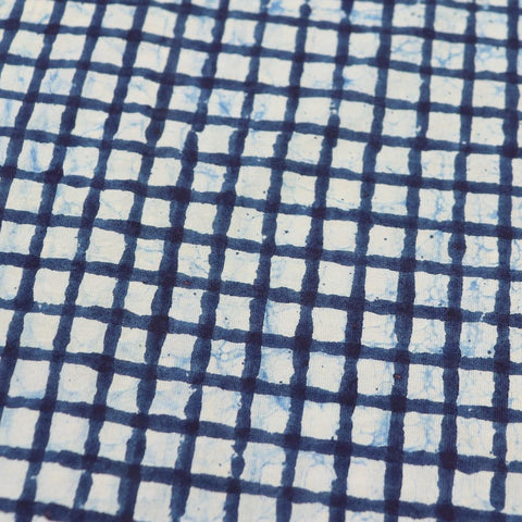 indigo grid hand printed cotton fabric