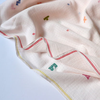 pink jamdani cotton fabric with colorful geometric weave