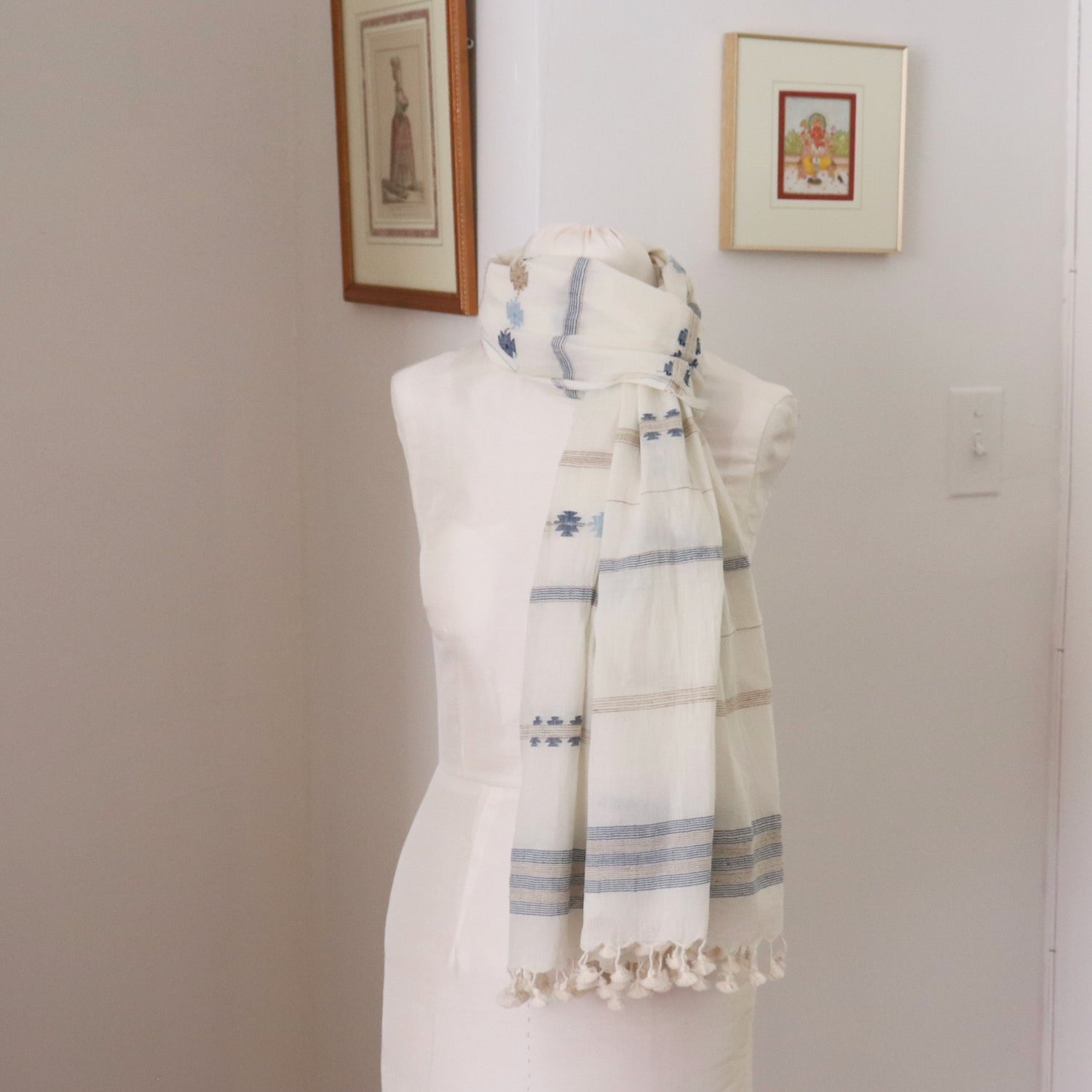 natural cotton with indigo blue and ketia raw silk jamdani weave scarf