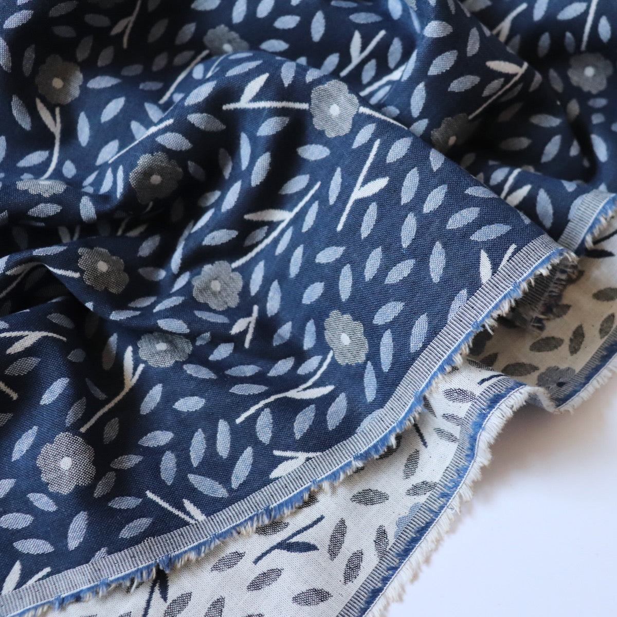 yarn-dyed woven cotton jacquard with small floral design blue and gray made in Japan