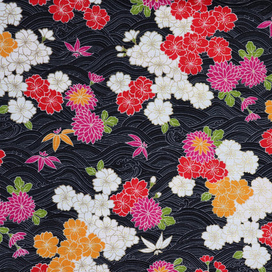 waves and sakura traditional Japanese print cotton dobby weave fabric black white and red