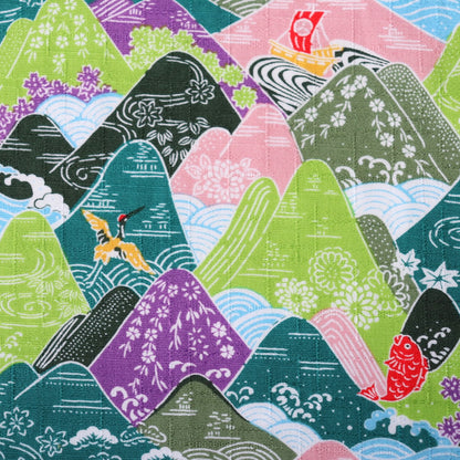 japanese landscape design cotton fabric cotton dobby with crane and koi on green and purple print