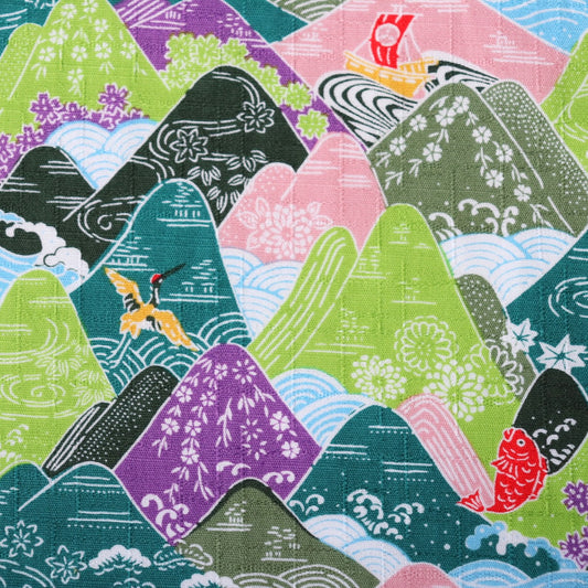 japanese landscape design cotton fabric cotton dobby with crane and koi on green and purple print
