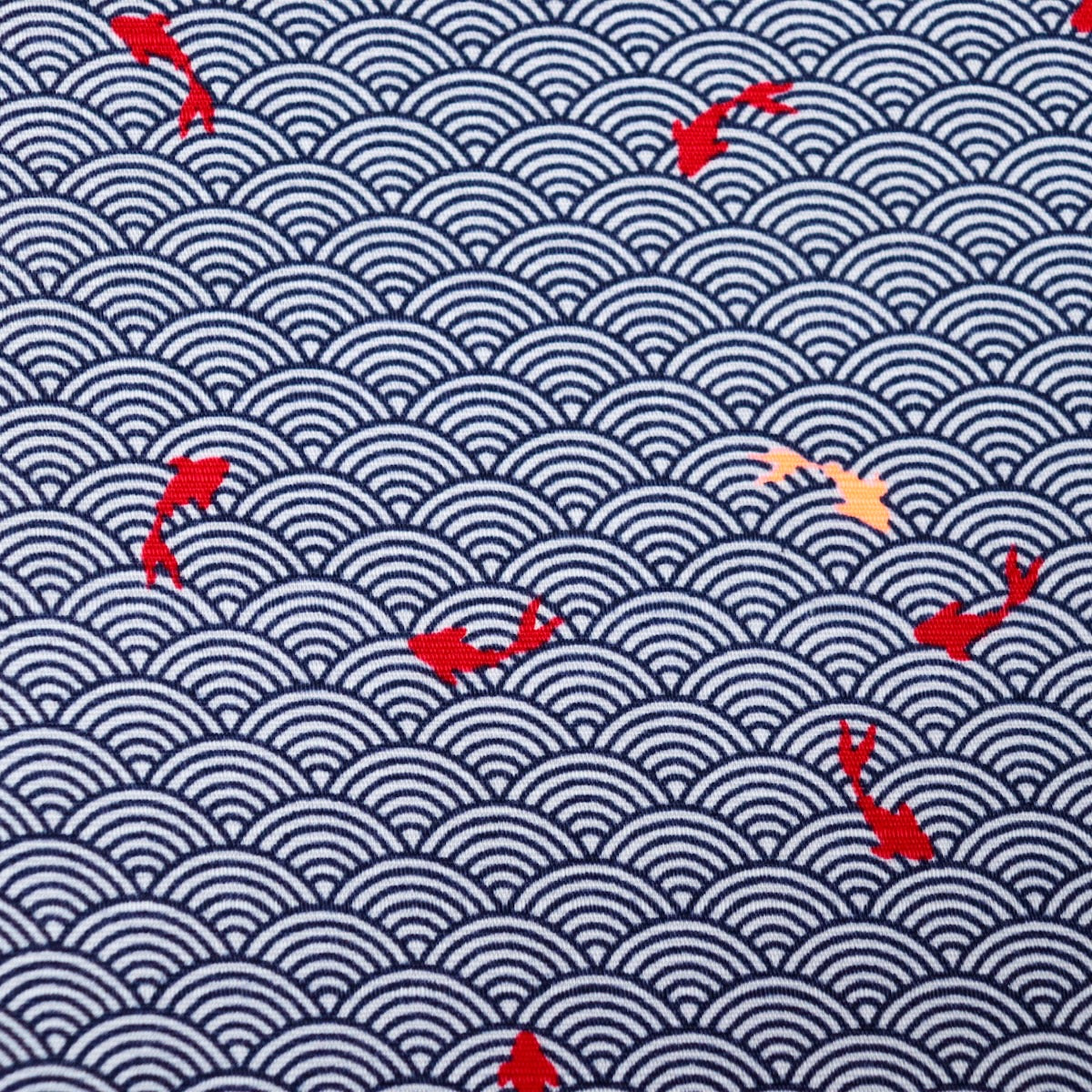 japanese seigaiha wave print fabric dark blue with red koi fish cotton dobby 