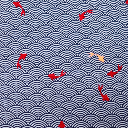 japanese seigaiha wave print fabric dark blue with red koi fish cotton dobby 