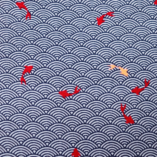 japanese seigaiha wave print fabric dark blue with red koi fish cotton dobby 
