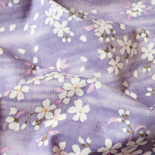 cherry blossom print cotton fabric made in Japan textured weave purple and white