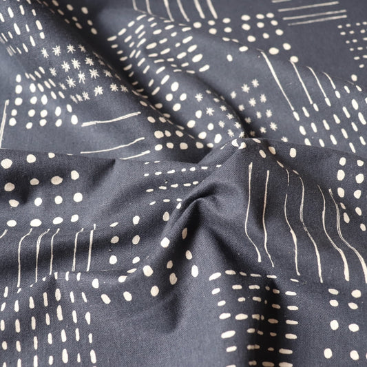 grey linen cotton canvas with white abstract dots and lines pattern made in Japan