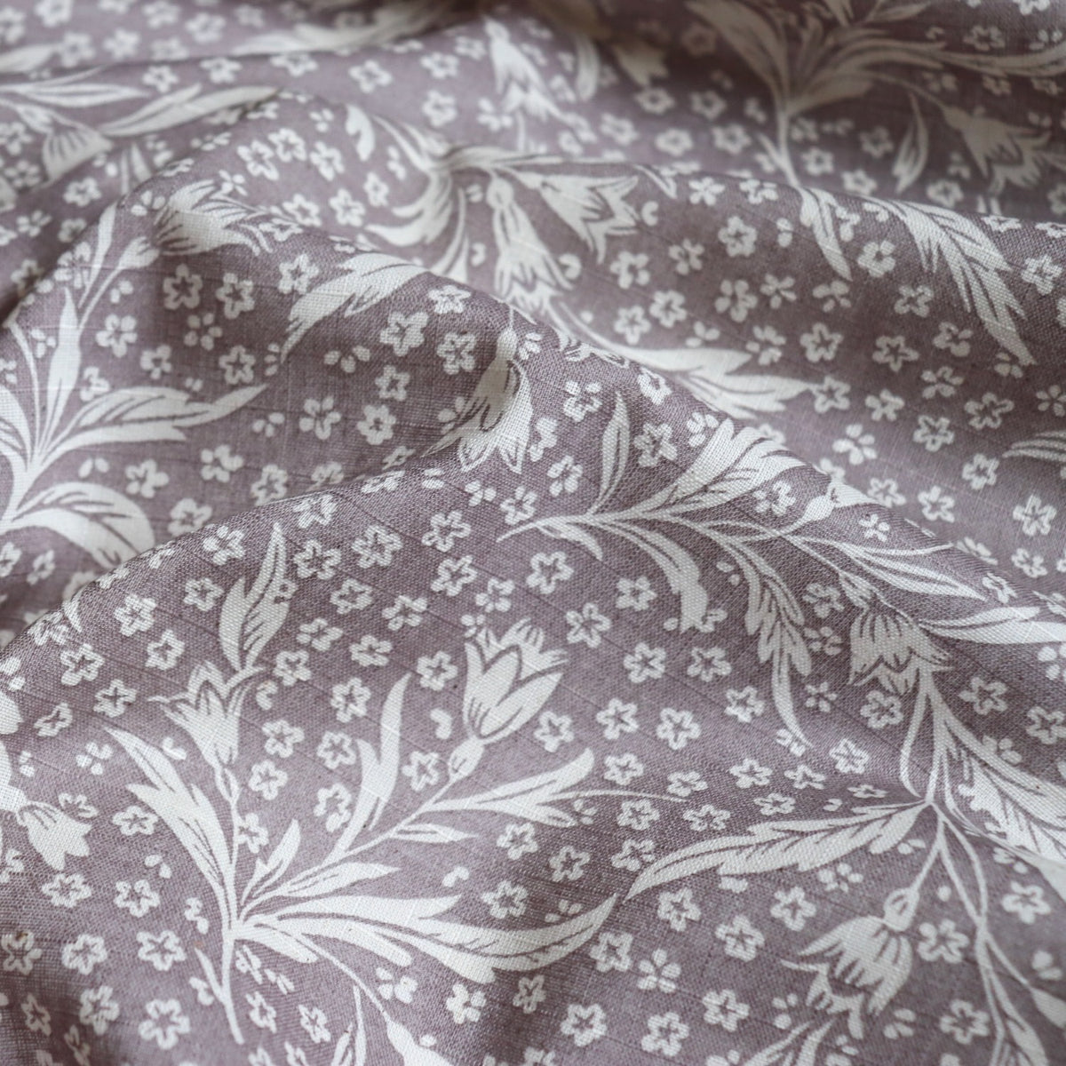 purple and white fabric with delicate floral print from Japan linen cotton dobby 
