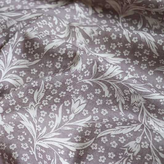 purple and white fabric with delicate floral print from Japan linen cotton dobby 