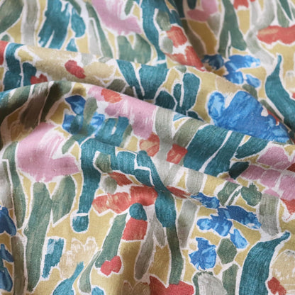 floral print linen cotton fabric warm yellow and pink Japanese dress material