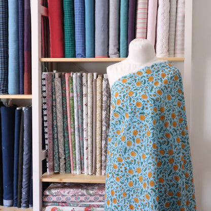 blue and yellow floral print fabric made in India 