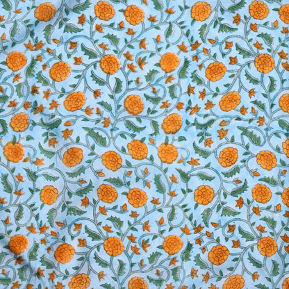blue and yellow floral print fabric made in India 