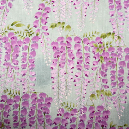 textured dobby weave cotton fabric purple wisteria flowers on light green background made in Japan dress material