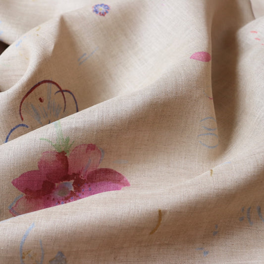 Nani Iro natural flax linen fabric Hana no Toki Niwa undyed with pink and blue floral print made in Japan by Kokka