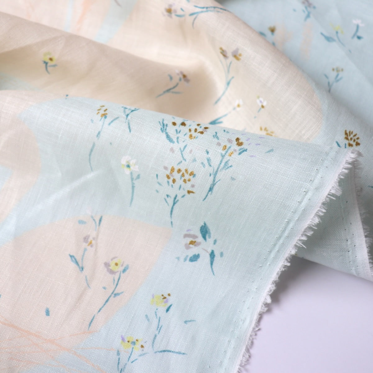 Nani Iro Sanga Linen fabric light blue and beige floral print from Kokka Japan Bright Spirit