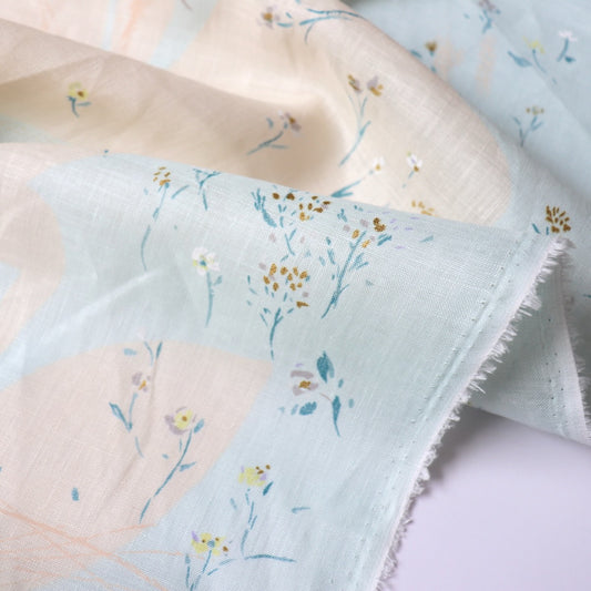 Nani Iro Sanga Linen fabric light blue and beige floral print from Kokka Japan Bright Spirit