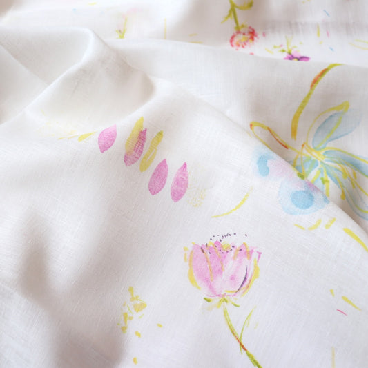 Nani Iro fabric Hana no Toki Niwa Linen dress material white with pastel floral print