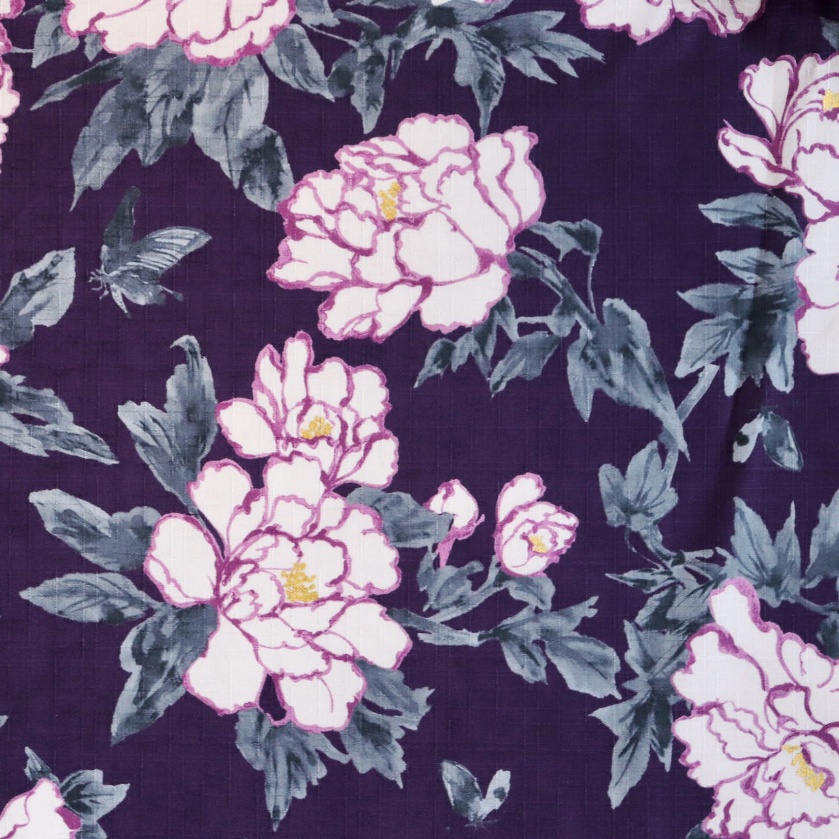 large peony blossoms on dark purple printed textured cotton dobby fabric from Japan