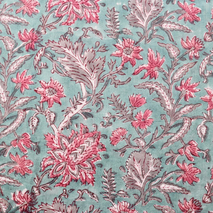 aqua blue hand block print fabric with pink flowers