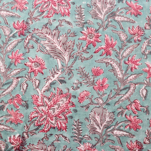 aqua blue hand block print fabric with pink flowers