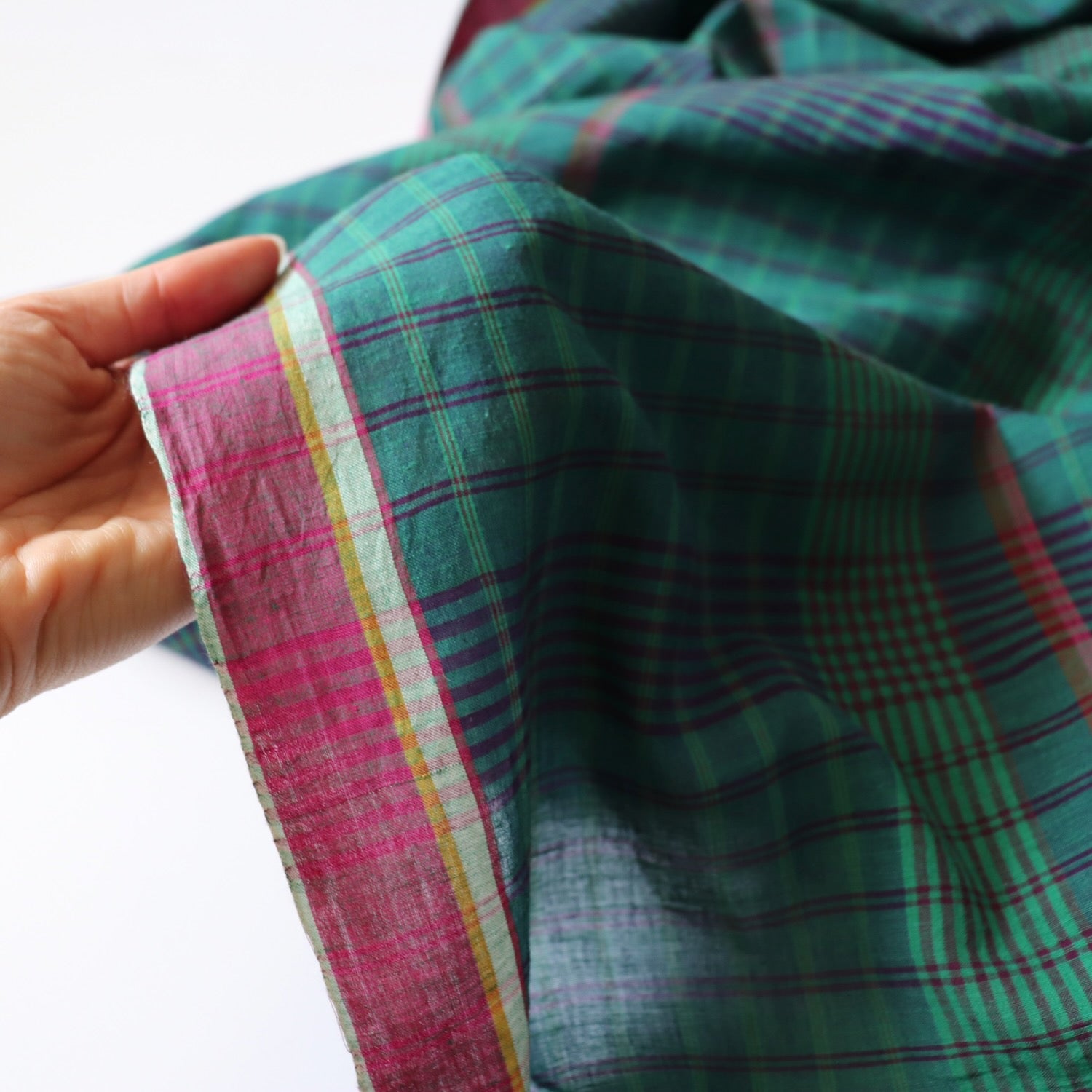 green and purple check cotton fabric handwoven voile dress material