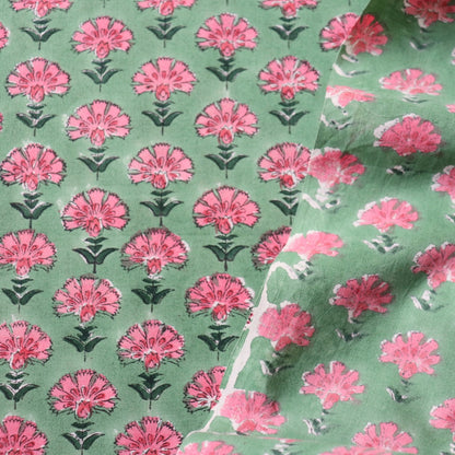 bright pink and green floral hand block print cotton for quilting and dressmaking
