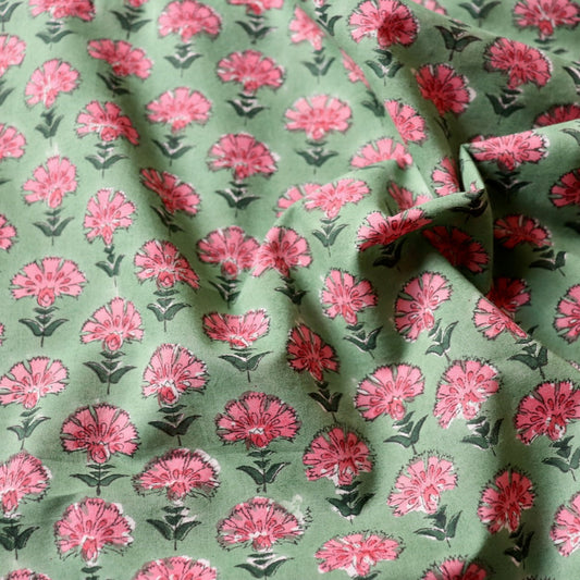 bright pink and green floral hand block print cotton for quilting and dressmaking