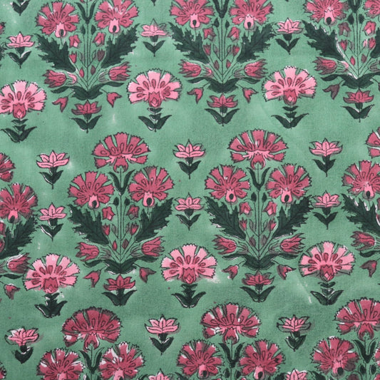 classic Indian floral block print, pink on green cotton fabric by the yard