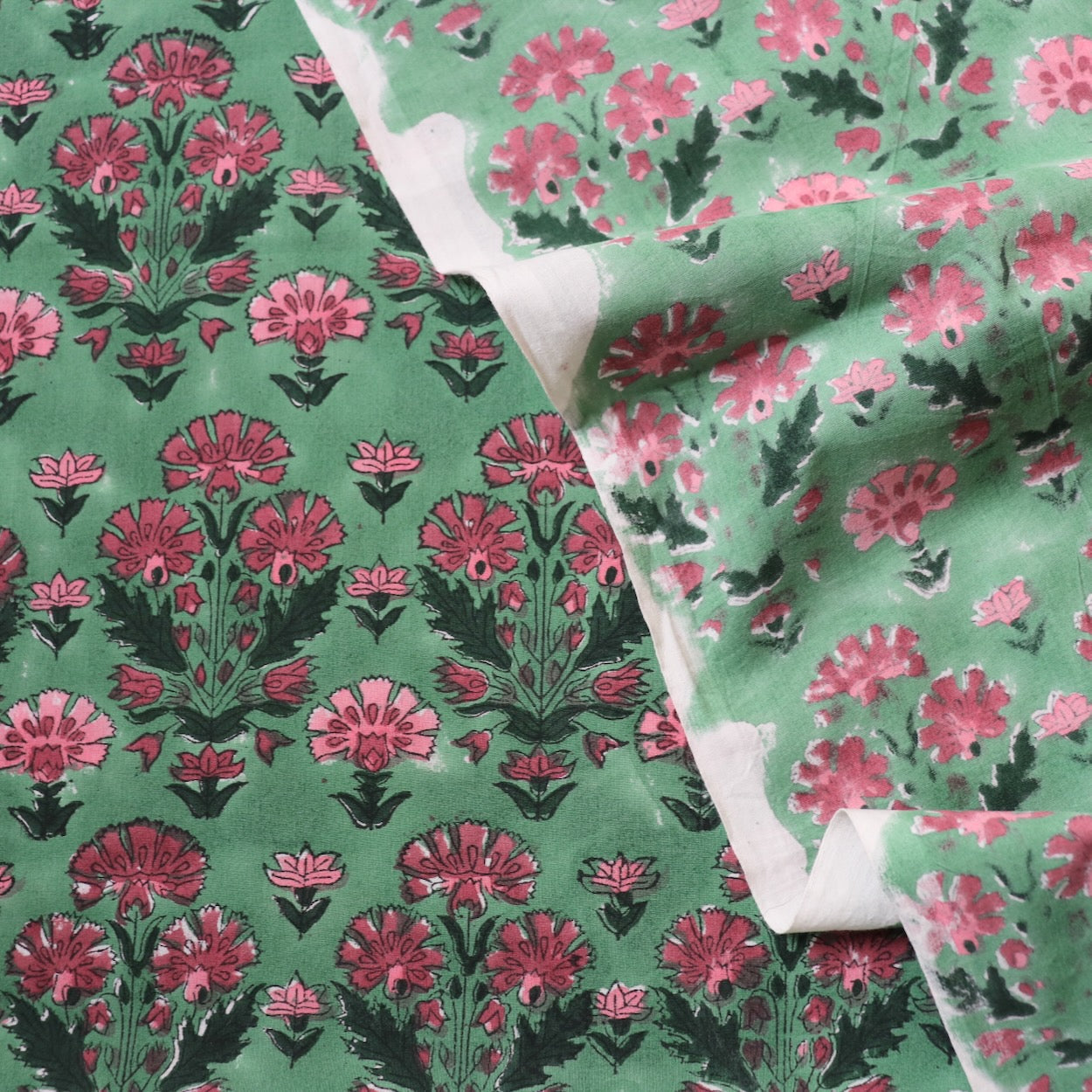 classic Indian floral block print, pink on green cotton fabric by the yard