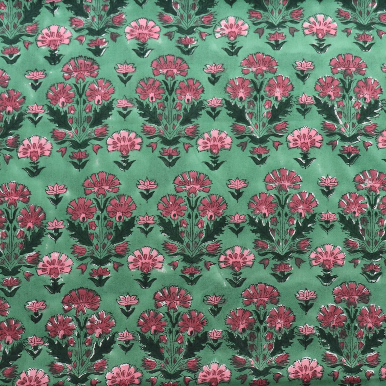 classic Indian floral block print, pink on green cotton fabric by the yard