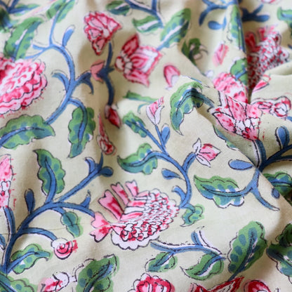 pink and green floral hand block print soft cotton fabric for summer sewing
