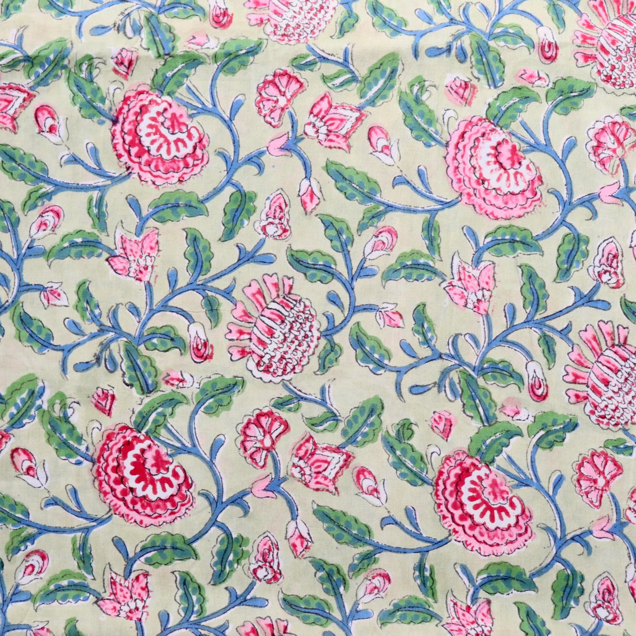 pink and green floral hand block print soft cotton fabric for summer sewing