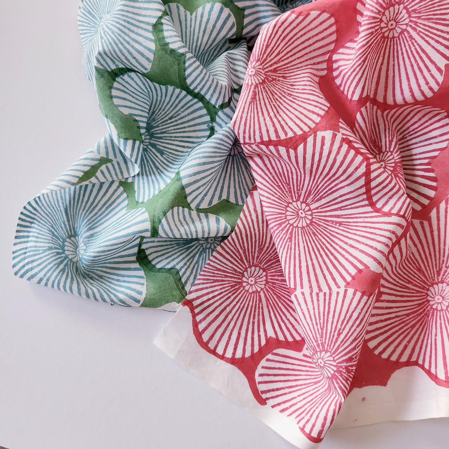 pink and white oversized floral print fabric hand block printed on soft cotton