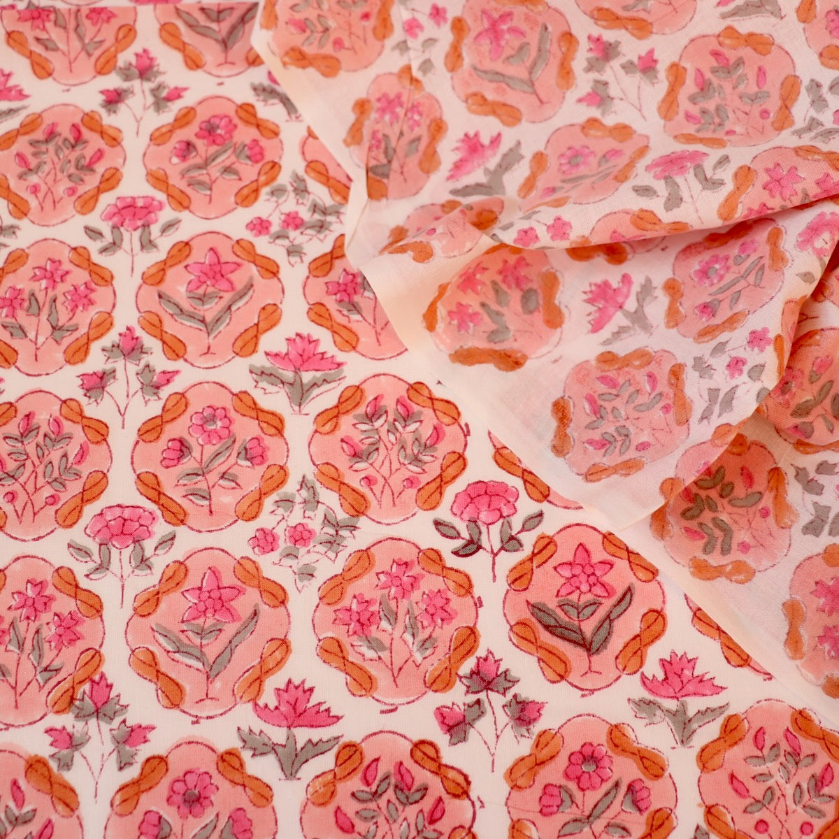 indian block print floral fabric coral pink cotton