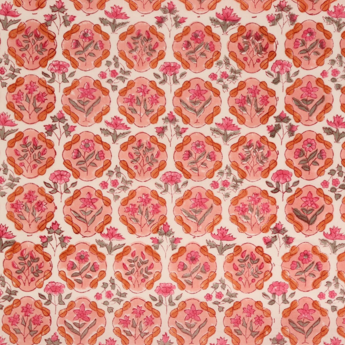 indian block print floral fabric coral pink cotton