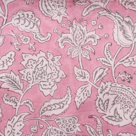 classic floral hand block print pink and white fabric by the yard