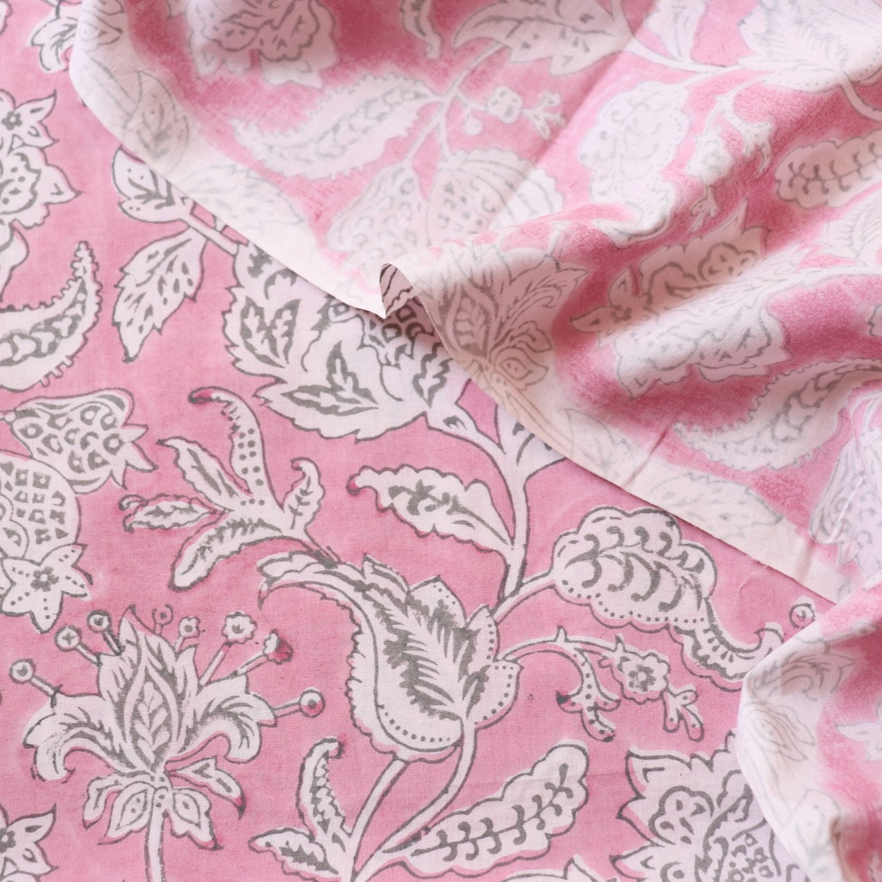 classic floral hand block print pink and white fabric by the yard