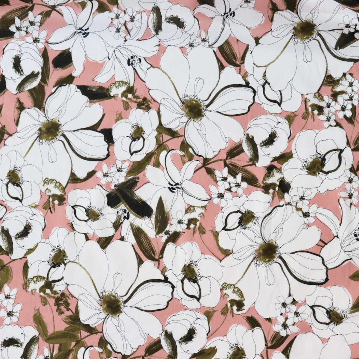 pink and white floral print cotton lawn fabric made by Hokkoh Japan ink painting style
