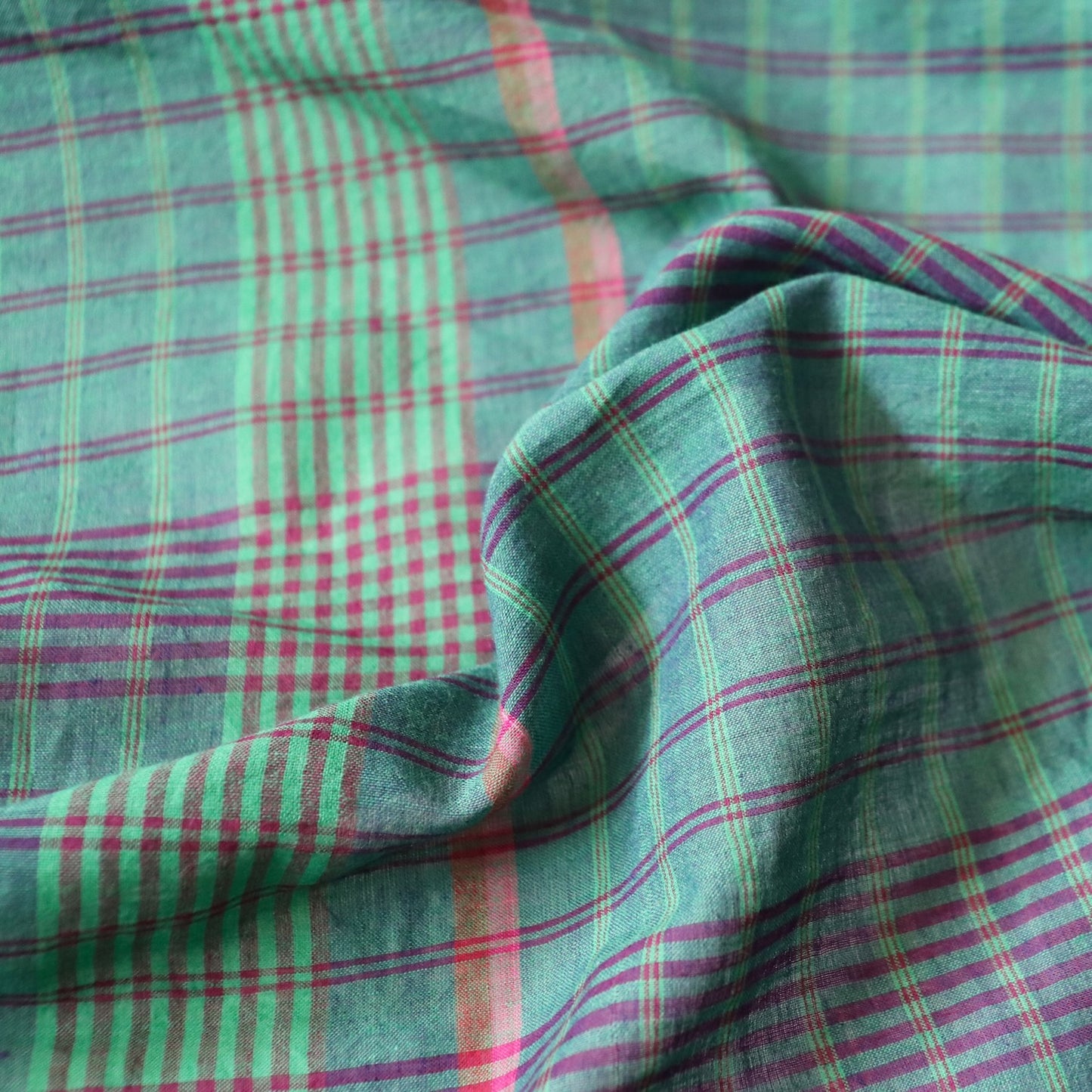 green and purple check cotton fabric handwoven voile dress material