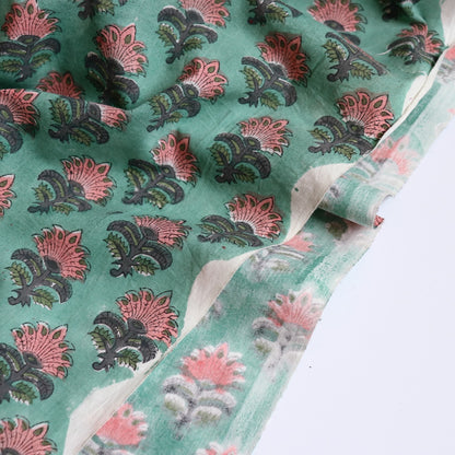 Teal Feather Flower Block Print Cotton