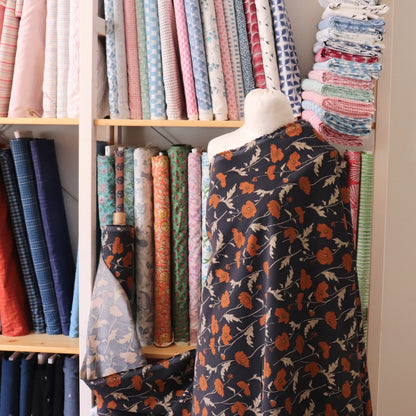 hokkoh poppies corduroy cotton fabric Made in Japan navy blue floral print