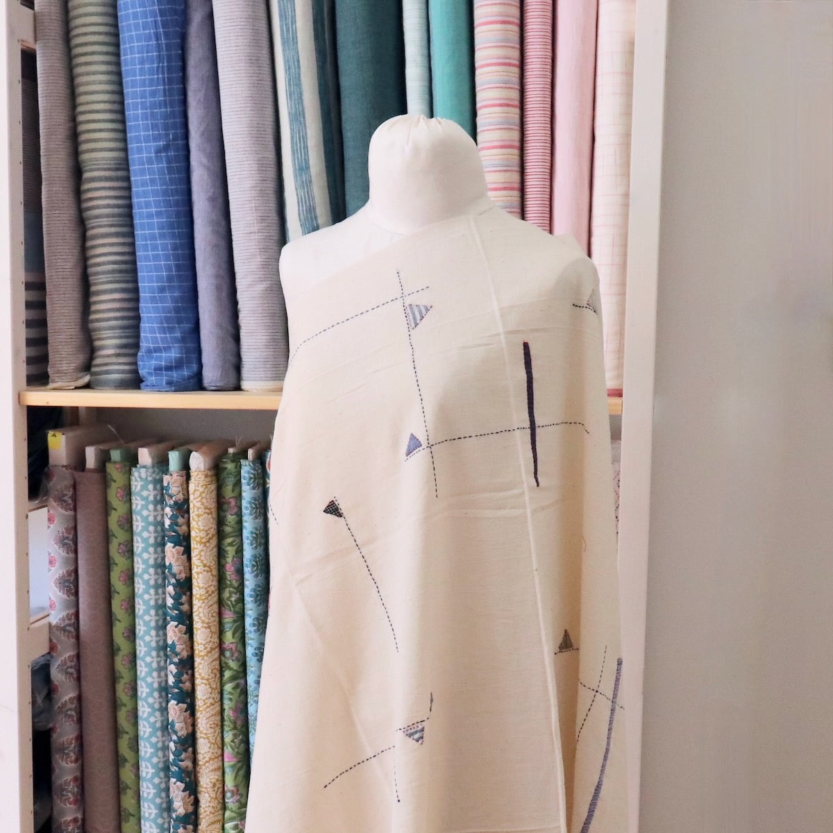 Linear Hand Embroidered Handloom Cotton — 1 Yard Panel