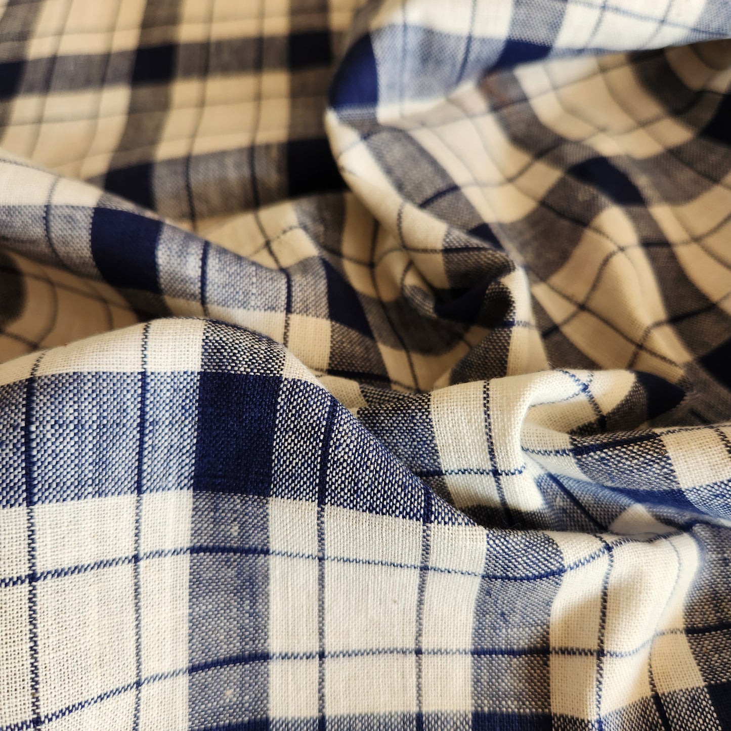 Navy Check Handloom Linen Cotton — 1+ Yard Remnant