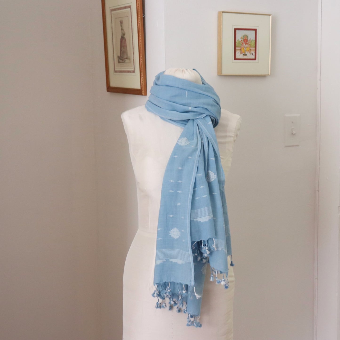 sky blue indigo jamdani weave cotton scarf with white floral design