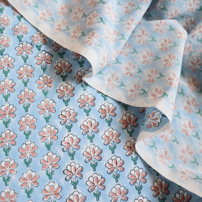 tiny floral block print light blue and pink cotton by the yard