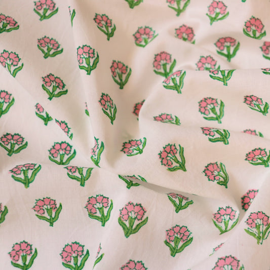 pink and white tiny floral fabric hand printed on soft cotton